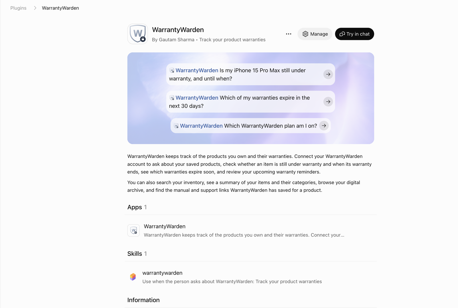 WarrantyWarden's ChatGPT plugin page: "Track your product warranties", three example prompts, one app and one skill